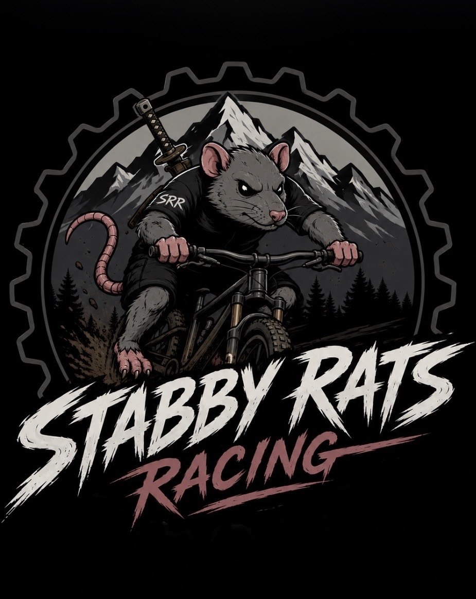 Stabby Rats Racing — a katana-wielding rat riding a mountain bike, inside a gear badge with mountains behind it
